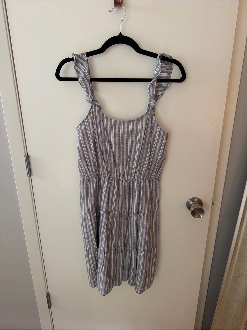 Pink Lily Gray Striped Ruffle Strap Casual Dress